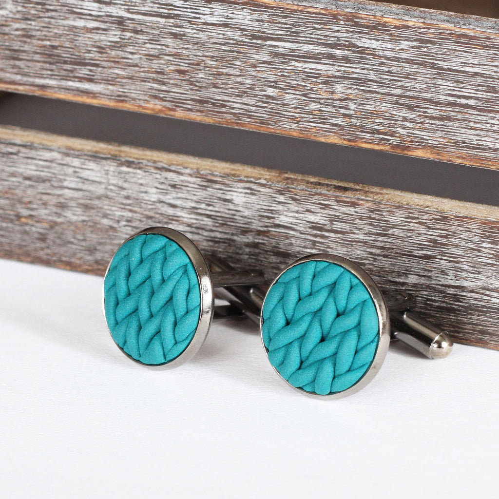 Knitted clay cufflinks - Teal