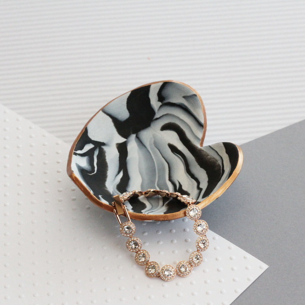 Marble clay heart trinket dish - copper edging