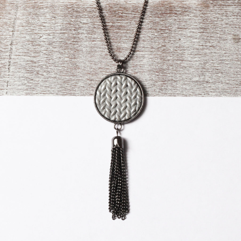 Metallic silver Knitted clay tassel pendant