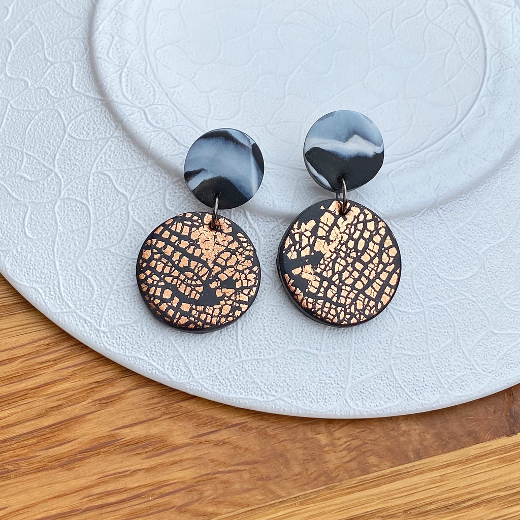 Copper foil and marble disc statement earrings