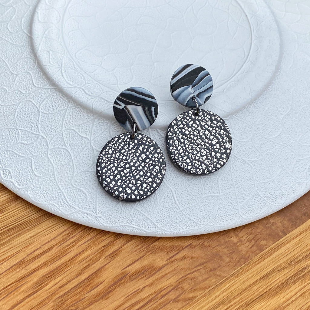 Silver foil and marble disc statement earrings