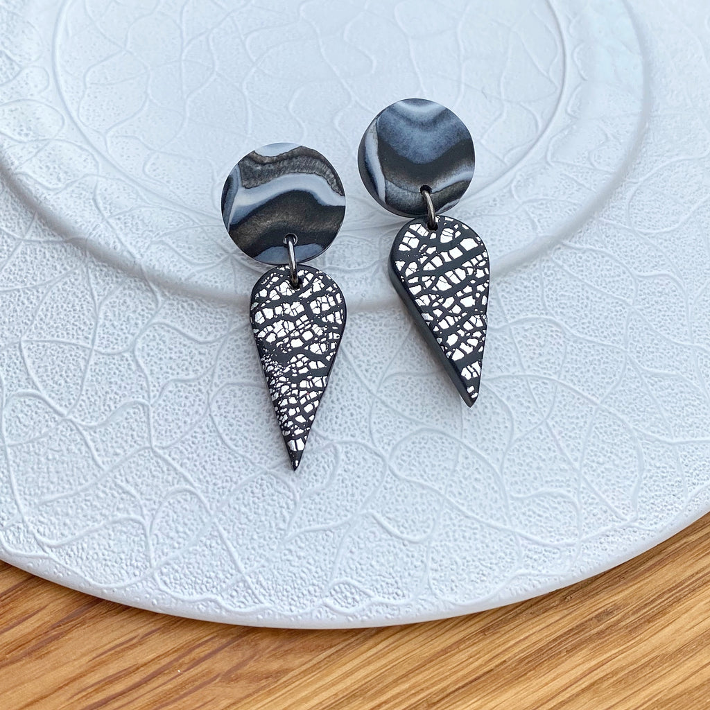 Silver foil and marble teardrop statement earrings