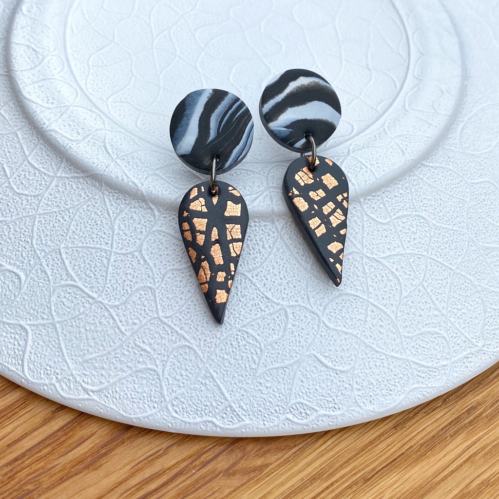 Copper foil and marble teardrop statement earrings