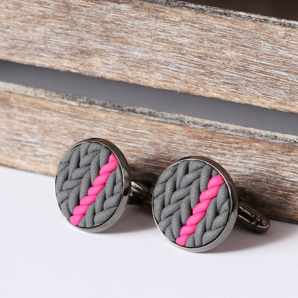 Striped knitted clay cufflinks - pink stripe