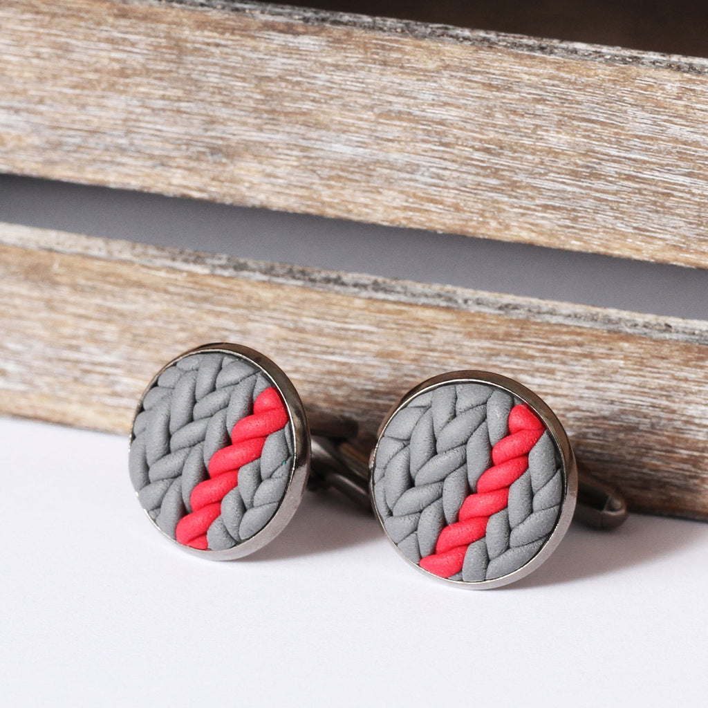 Striped knitted clay cufflinks - red stripe
