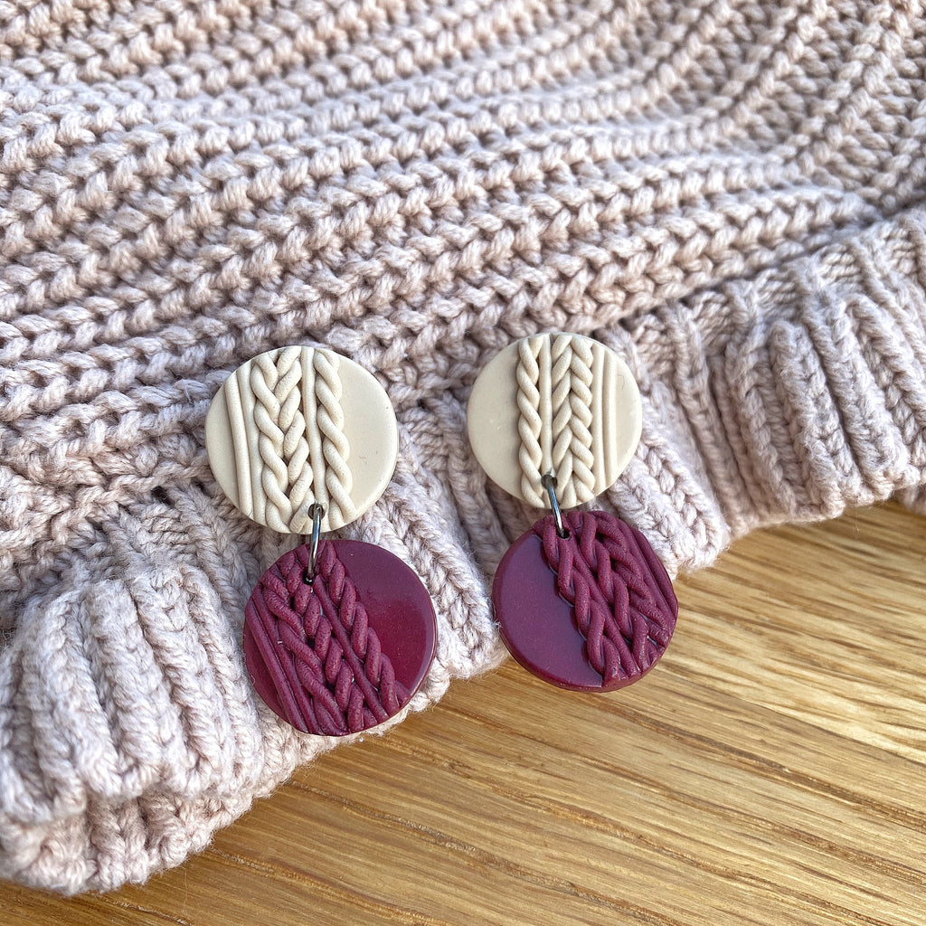 Knitted statement double disk earrings - Burgundy