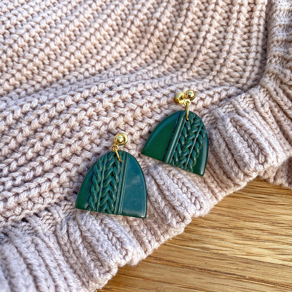 Knitted statement arch drop earring (gold or silver stud) - Forest green