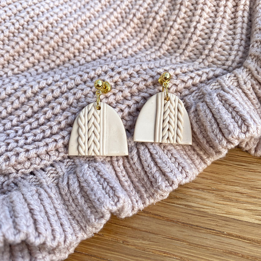 Knitted statement arch drop earring (gold or silver stud) - Nude