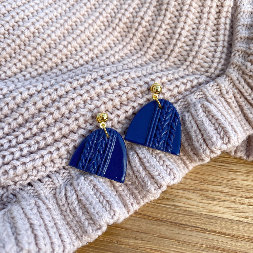 Knitted statement arch drop earring (gold or silver stud) - Navy