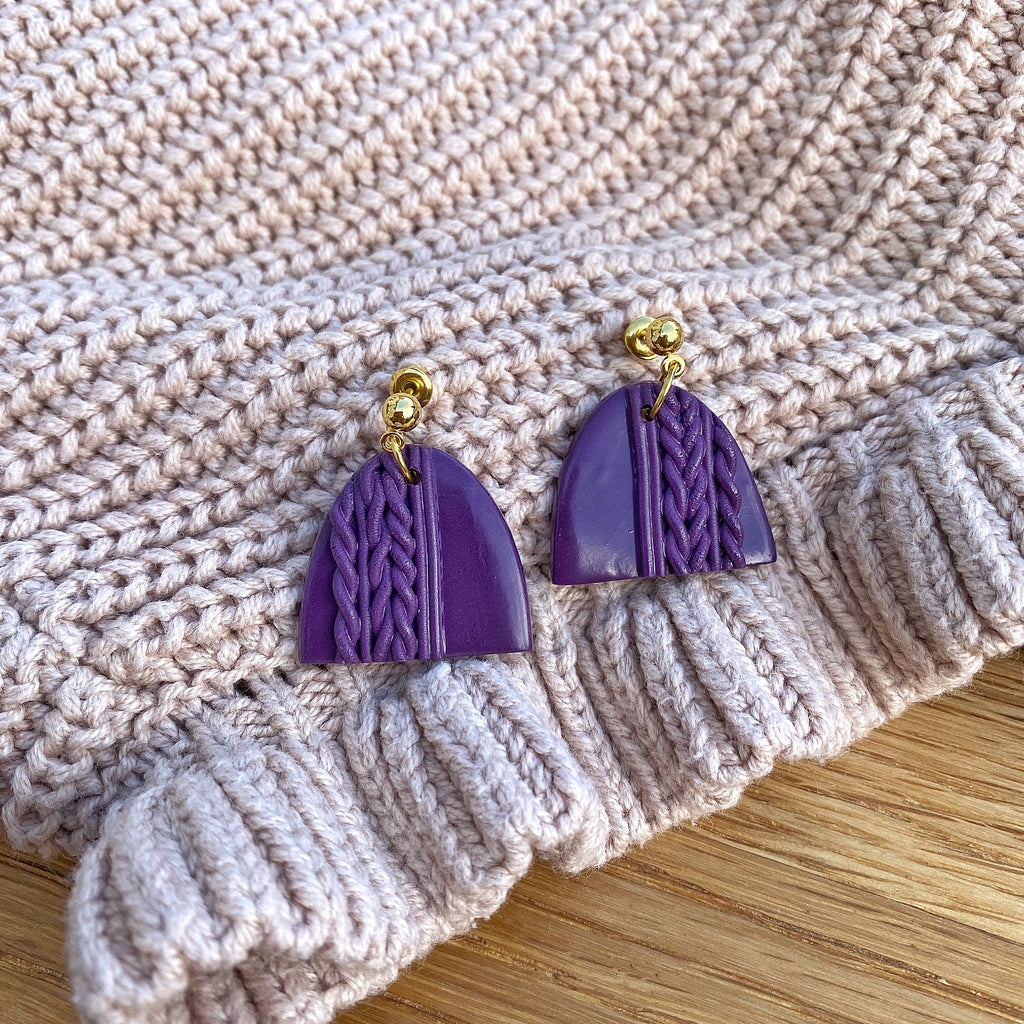 Knitted statement arch drop earring (gold or silver stud) - Plum