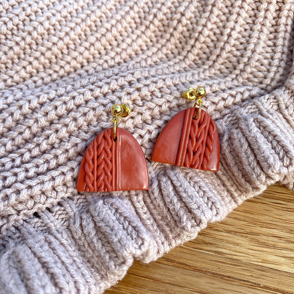 Knitted statement arch drop earring (gold or silver stud) - Terracotta