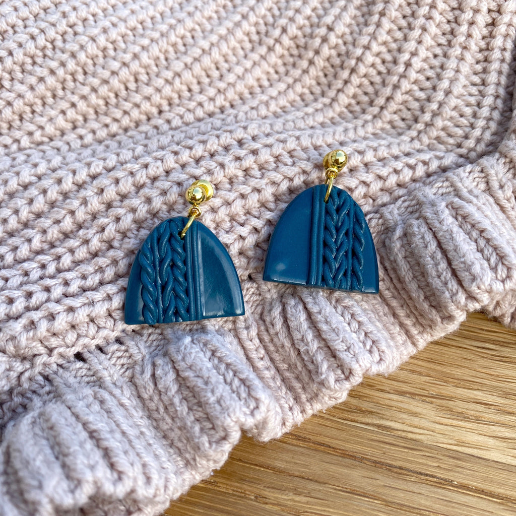 Knitted statement arch drop earring (gold or silver stud) - Teal