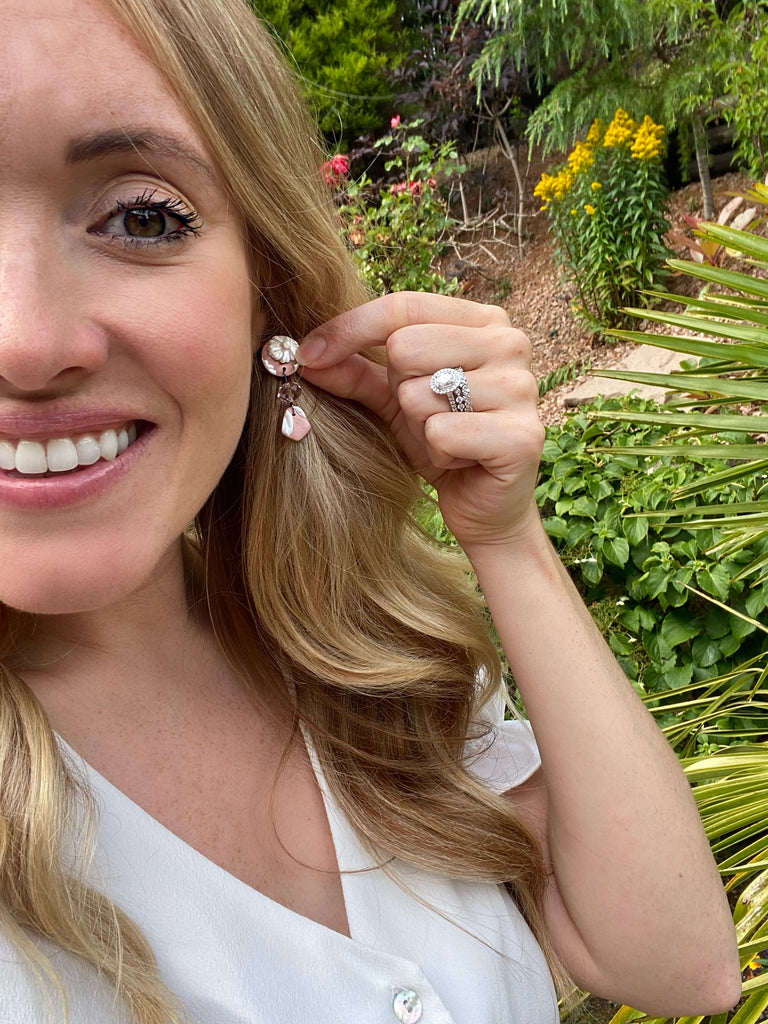 Blush pink and white flower statement earrings - pink crystal drops