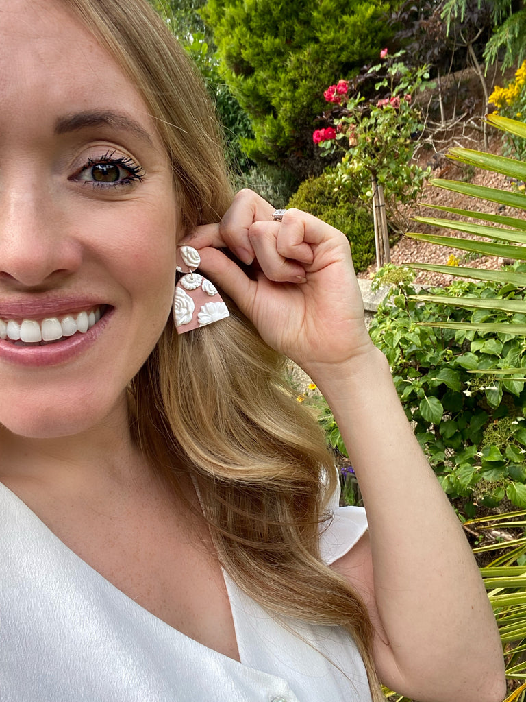 Blush pink and white flower statement earrings - large arch drop