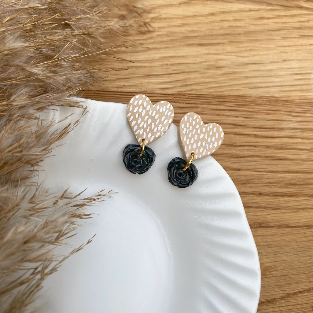 Beige + Black statement earrings - heart drop