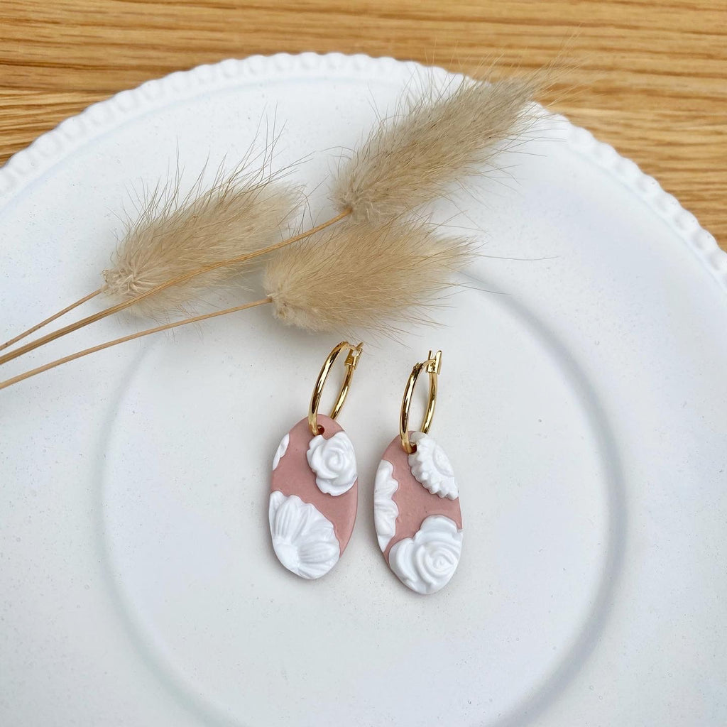 Blush pink and white flower statement earrings - oval hoop (silver or gold stud)