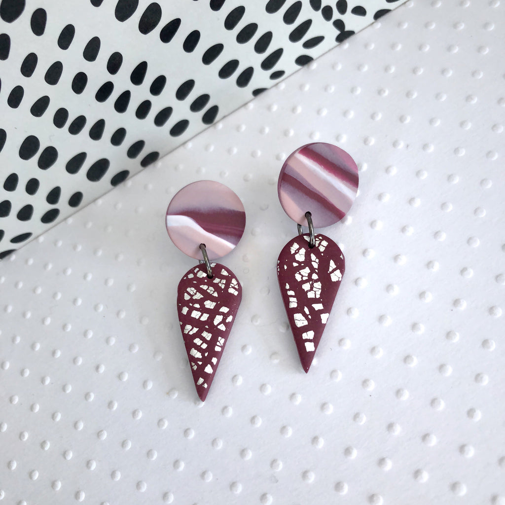 Burgundy marble teardrop and silver foil statement earrings