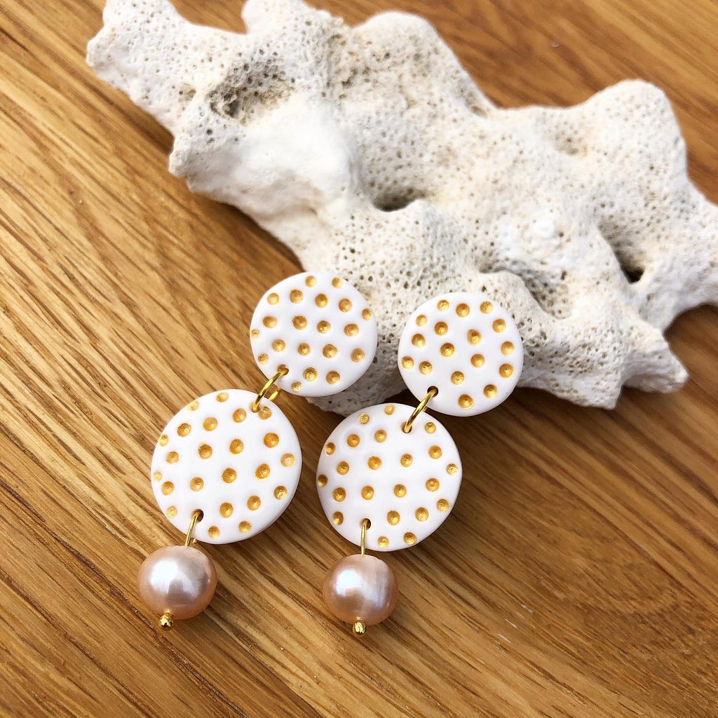 Gold polka dot and pearl statement earring - double disk shape