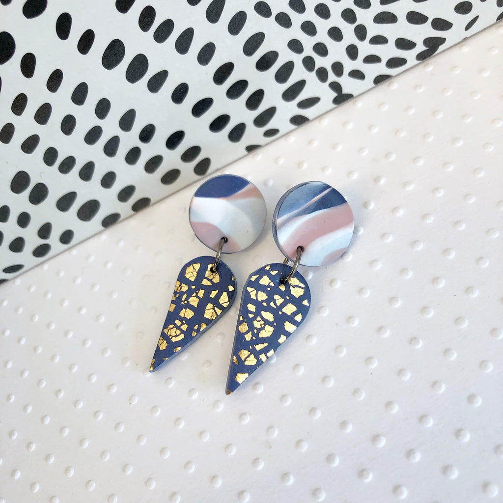Navy marble teardrop and gold foil statement earrings