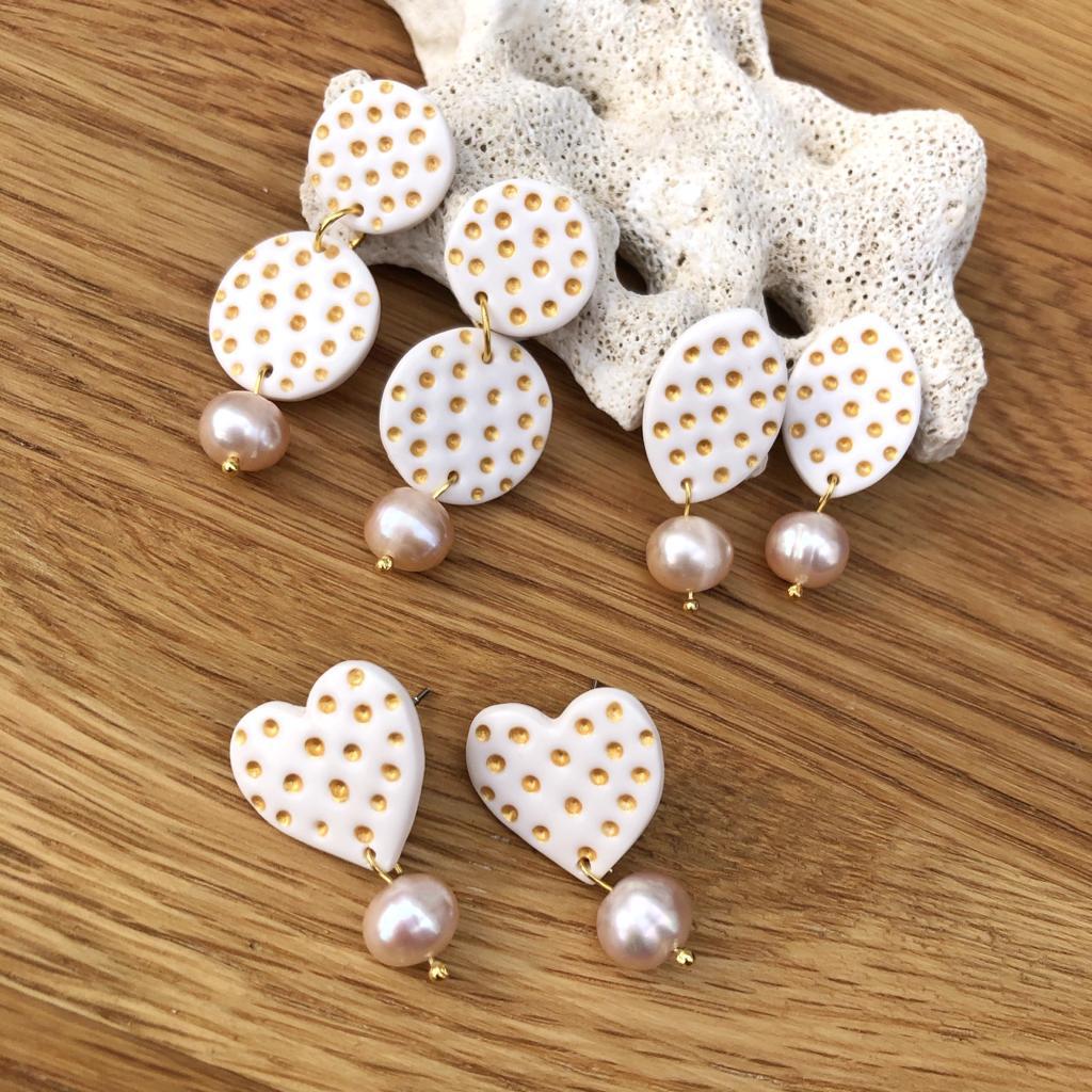 Gold polka dot and pearl statement earring - double disk shape