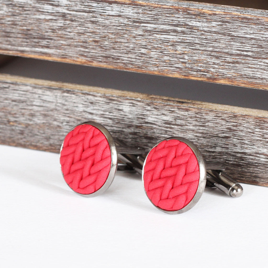 Knitted clay cufflinks - Red