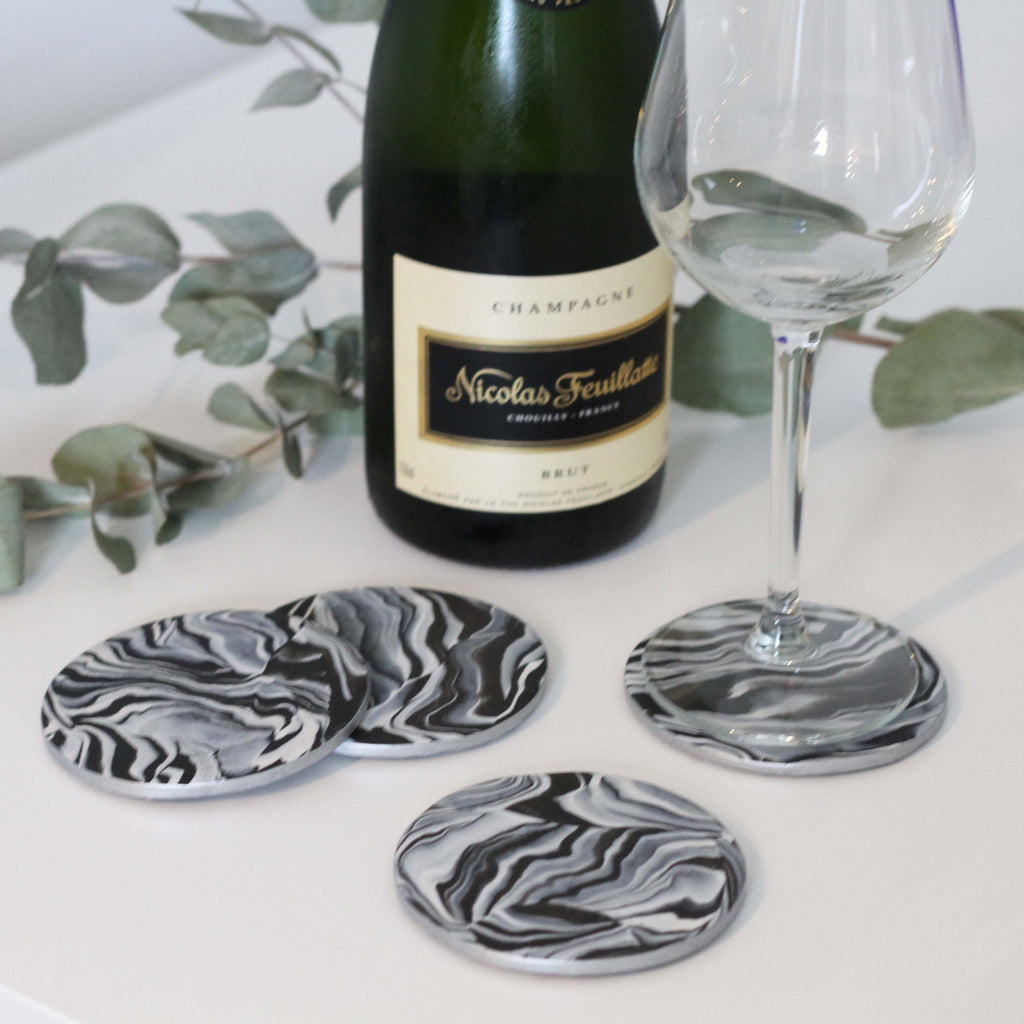 Marble coasters with metallic silver edging - Set of 4