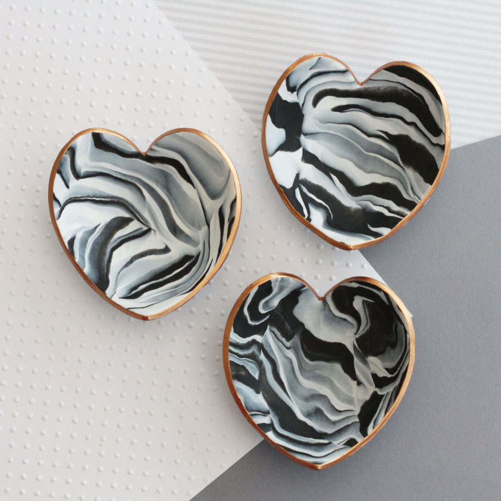 Marble clay heart trinket dish - copper edging