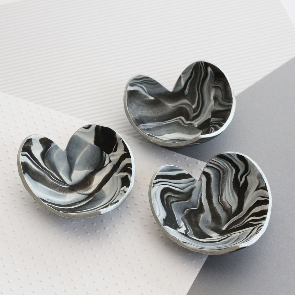 Marble clay heart trinket dish - silver edging