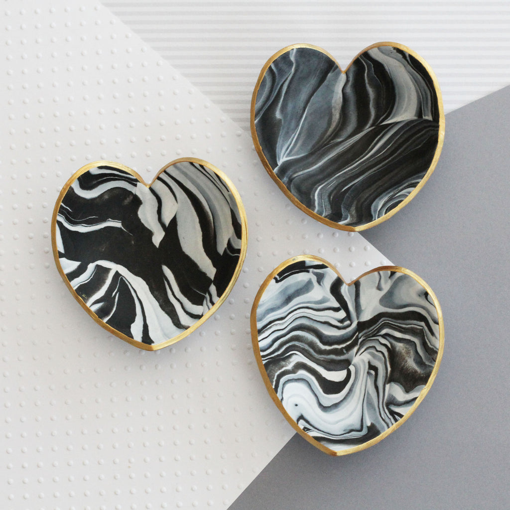 Marble clay heart trinket dish - gold edging
