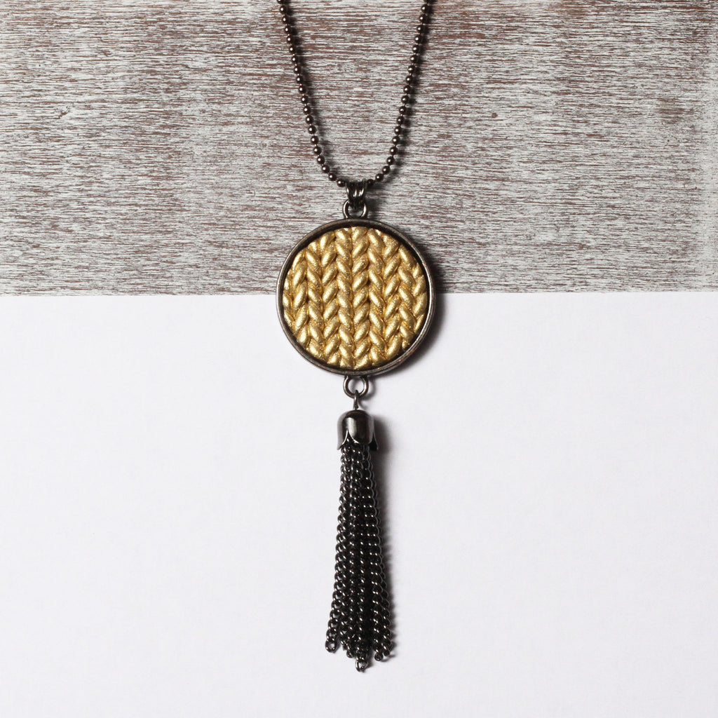 Metallic gold Knitted clay tassel pendant