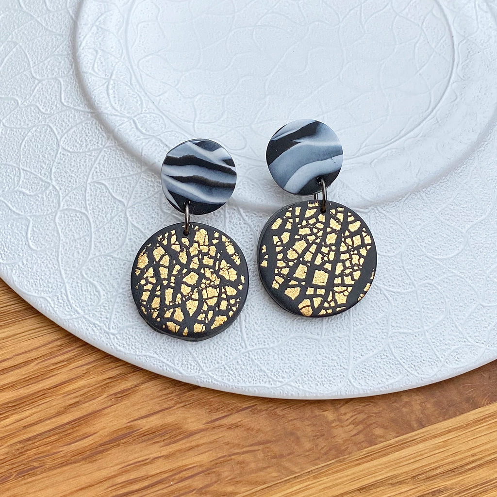 Gold foil and marble disc statement earrings