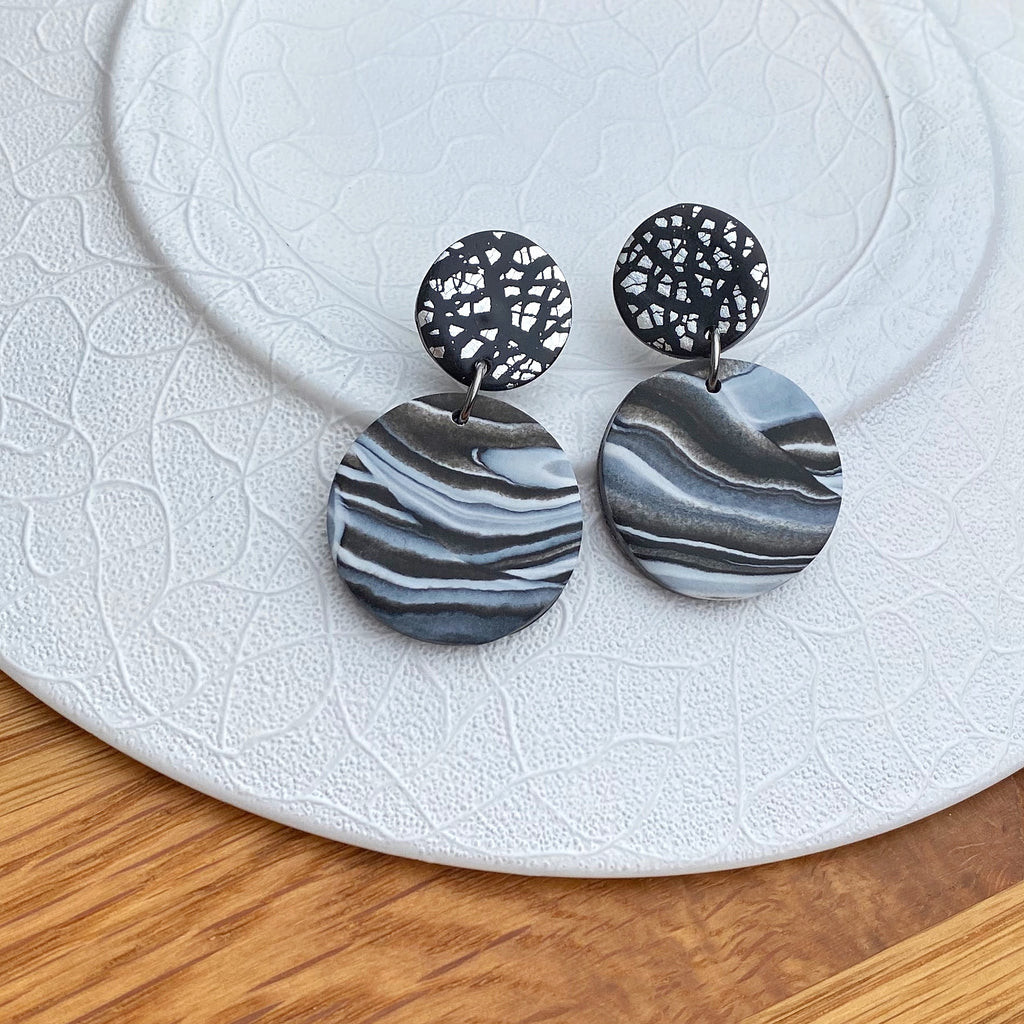 Marble and silver foil disc statement earrings