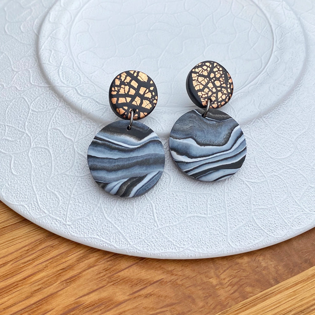 Marble and copper foil disc statement earrings