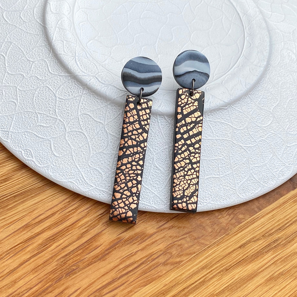 Long copper foil rectangle and marble disc statement earrings