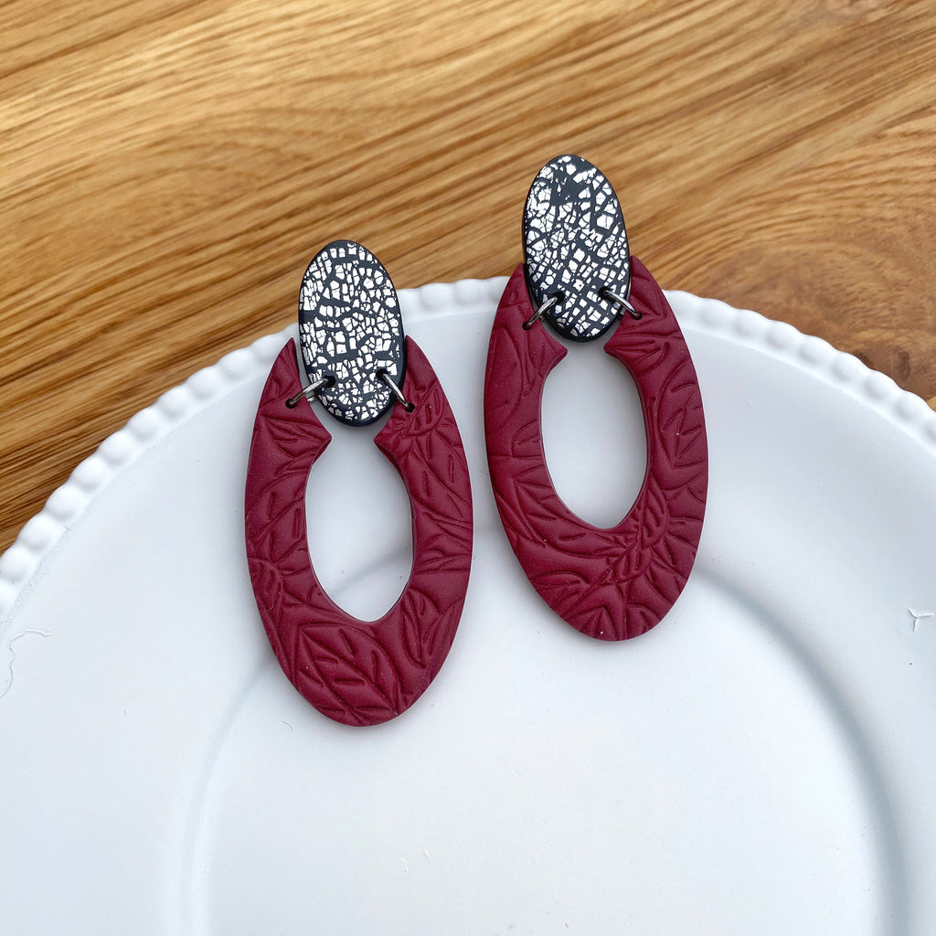 Oval donut burgundy and silver statement earring