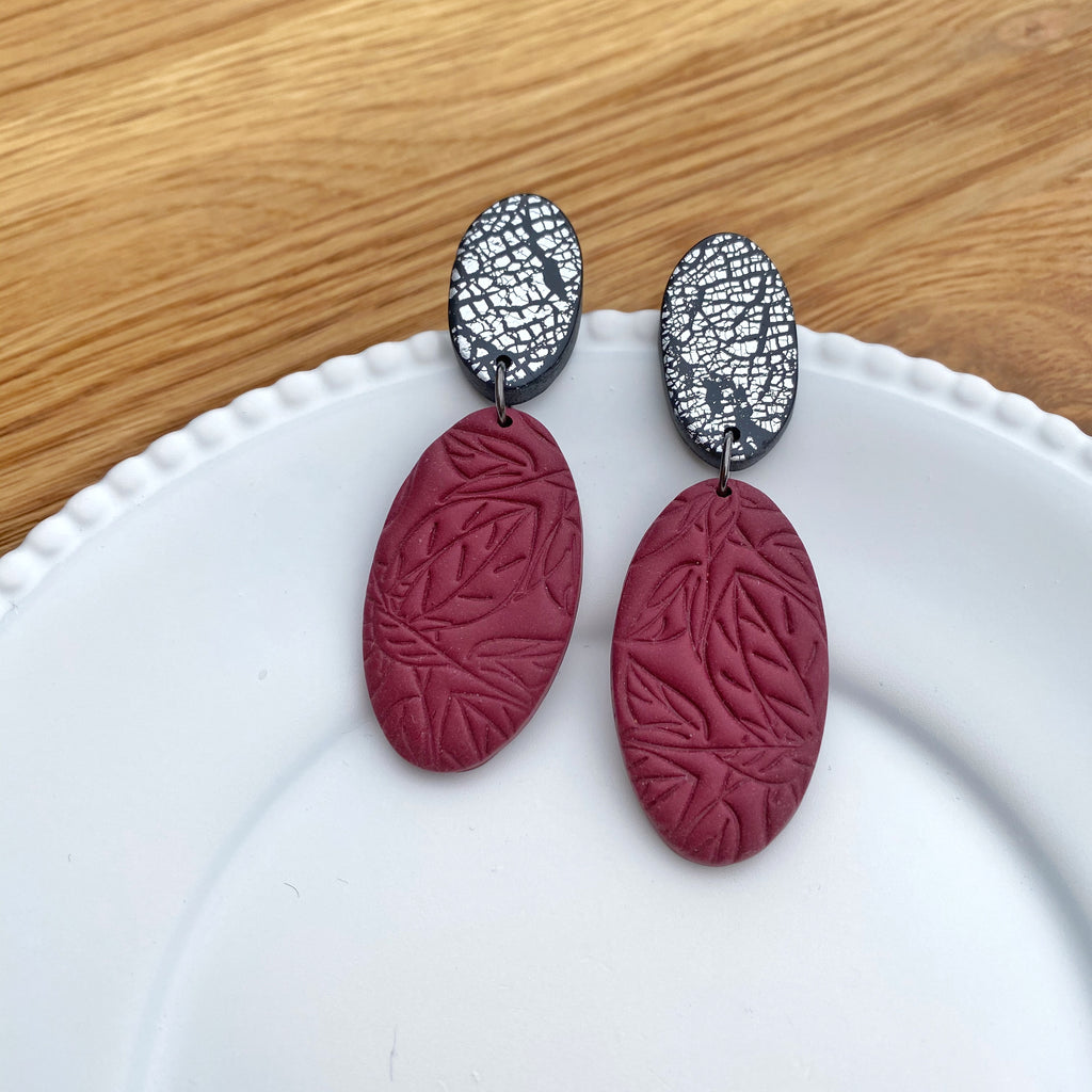 Double oval in burgundy and silver statement earrings