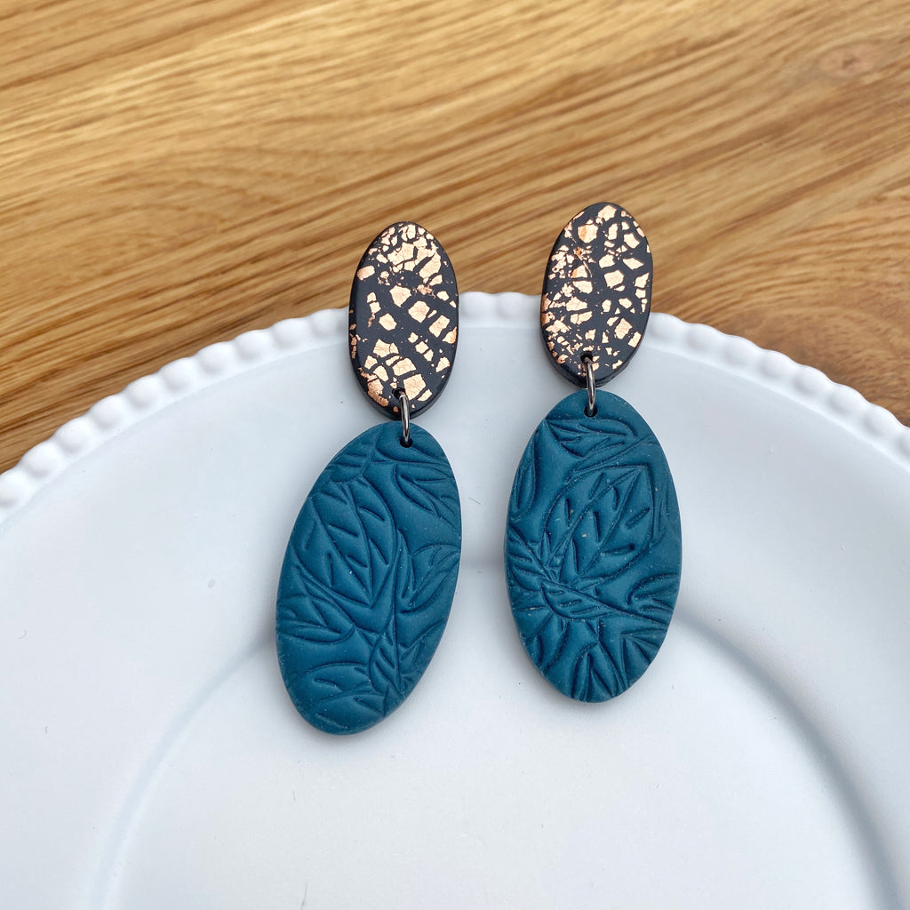 Double oval in teal and copper statement earrings