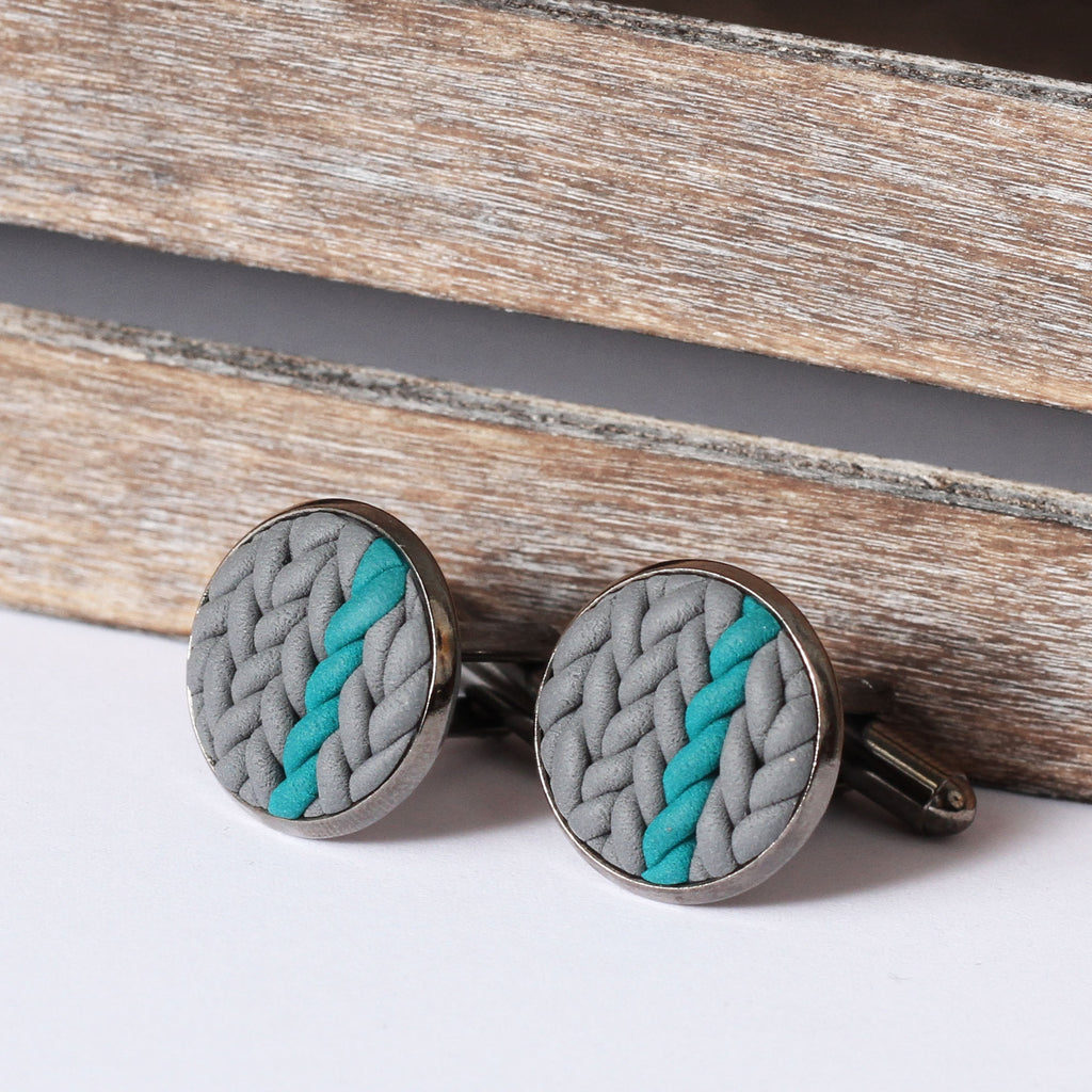 Striped knitted clay cufflinks - teal stripe