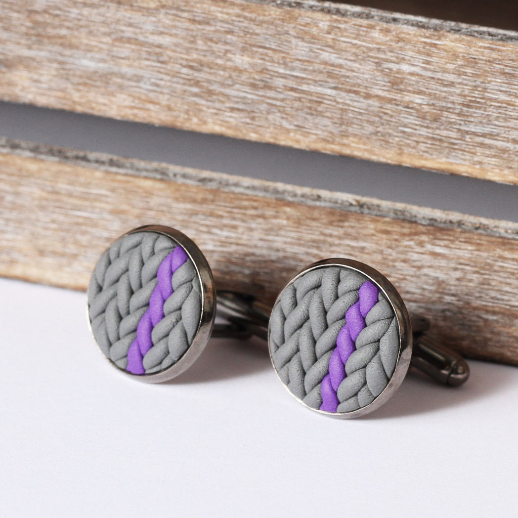 Striped knitted clay cufflinks - purple stripe