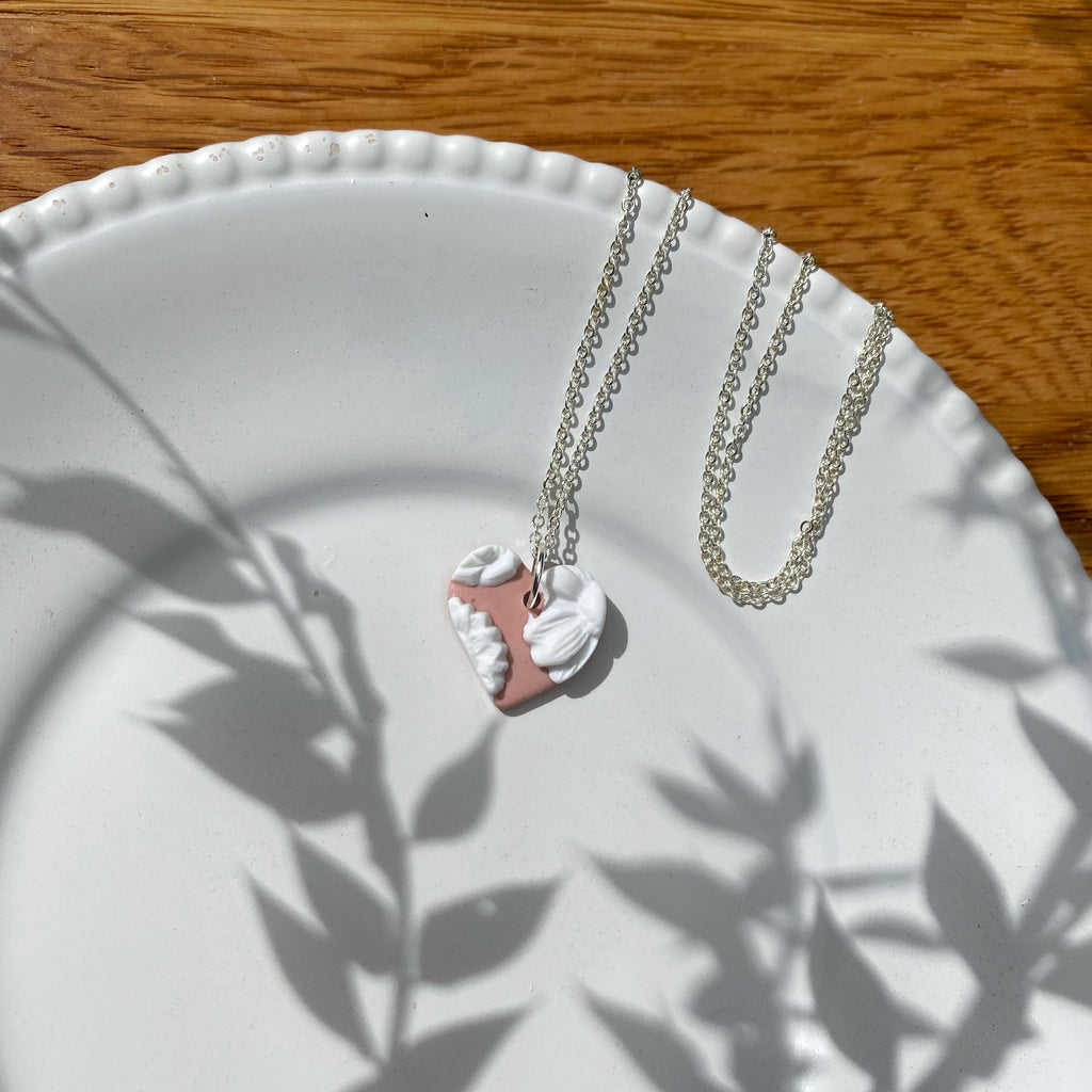 Blush pink and white flower necklace - heart shape with silver chain
