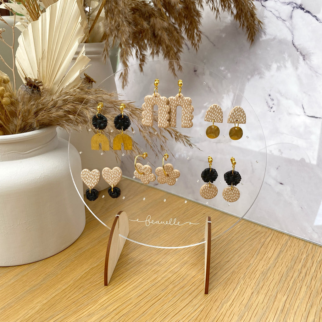 Beige + Black statement earrings - flower hoop
