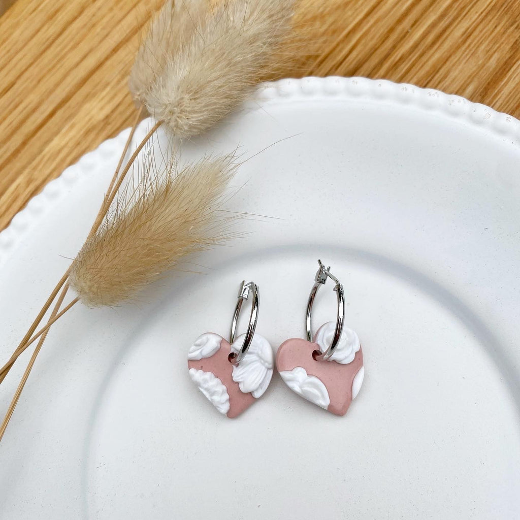 Blush pink and white flower statement earrings - heart hoop (silver or gold stud)