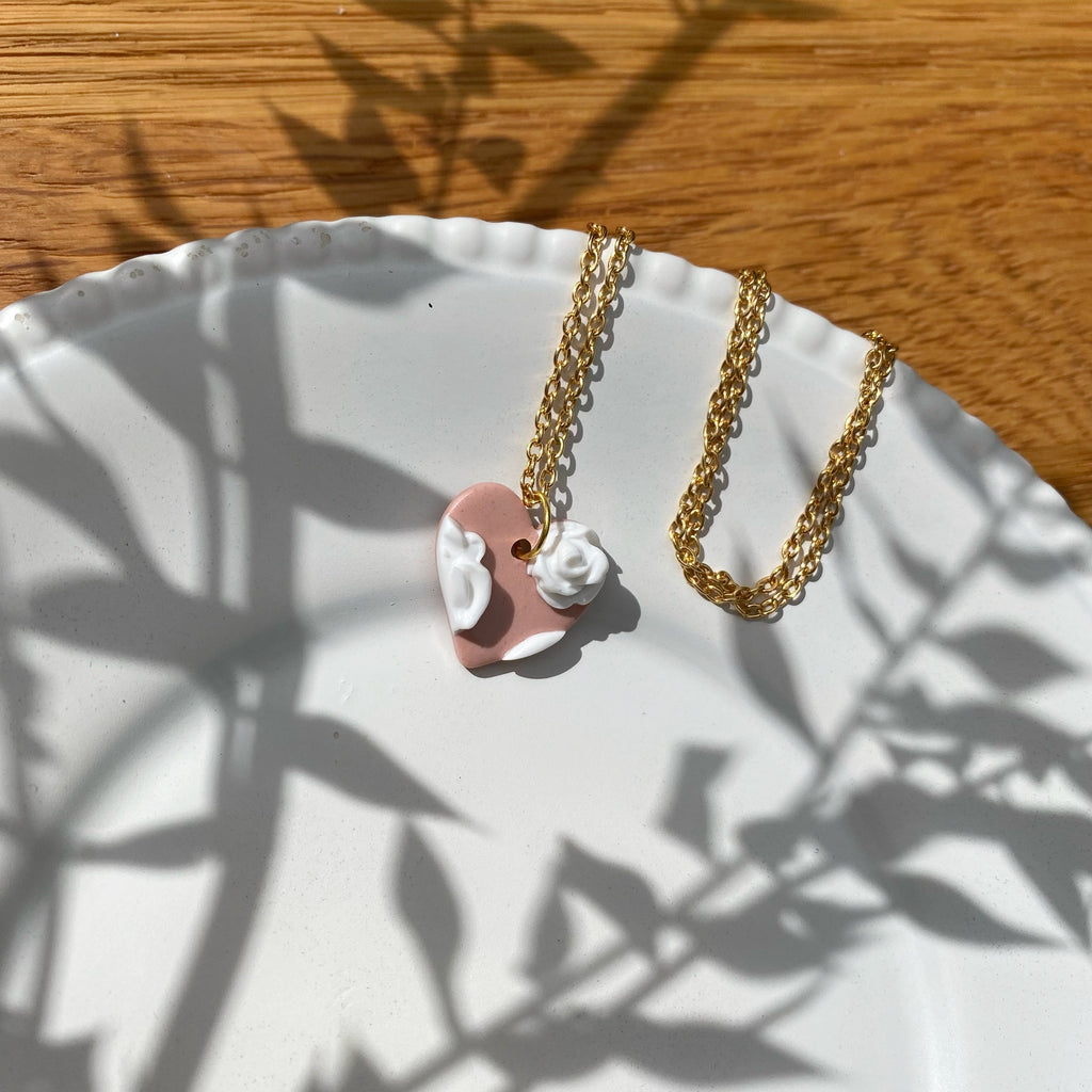 Blush pink and white flower necklace - heart shape with gold chain