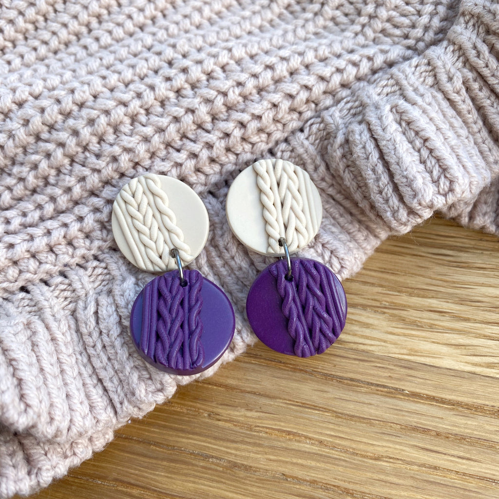 Knitted statement double disk earrings - Plum