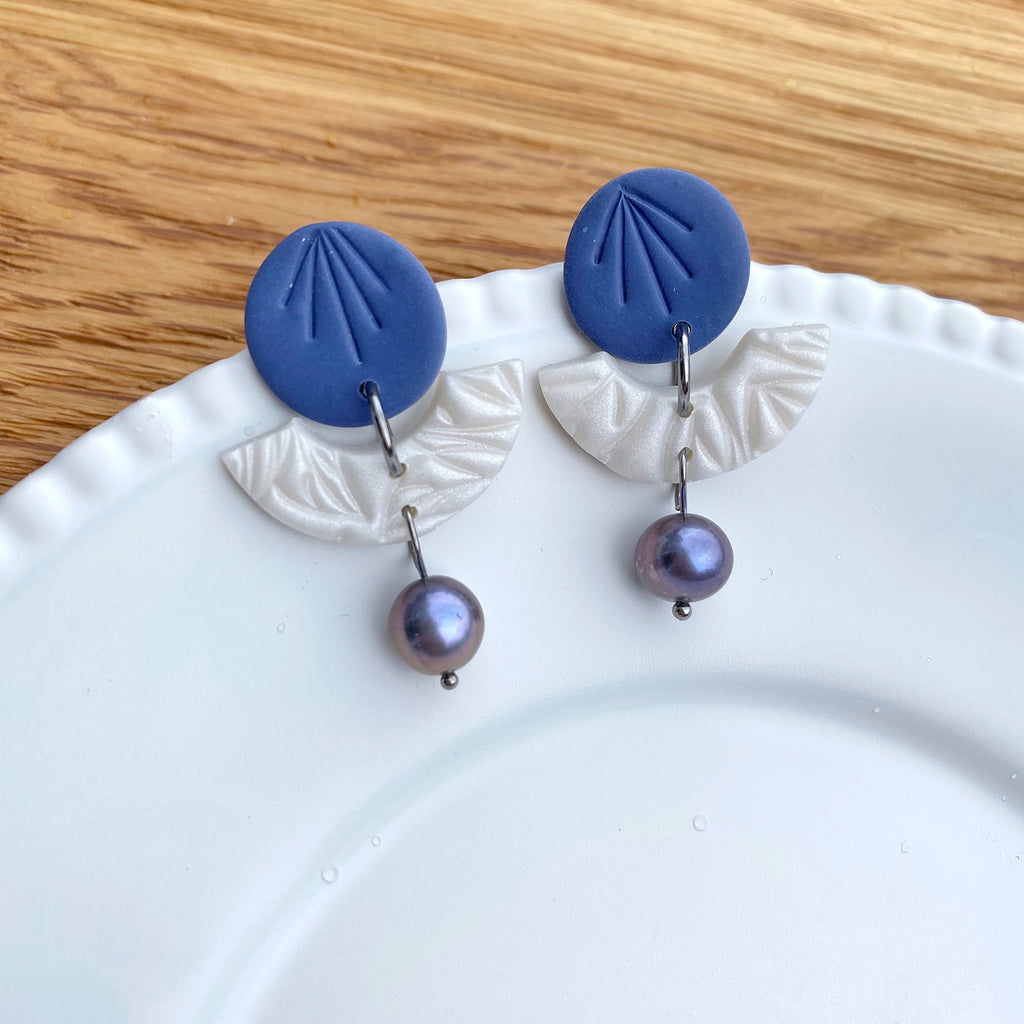 Pearly Blue disc and bridge statement earrings