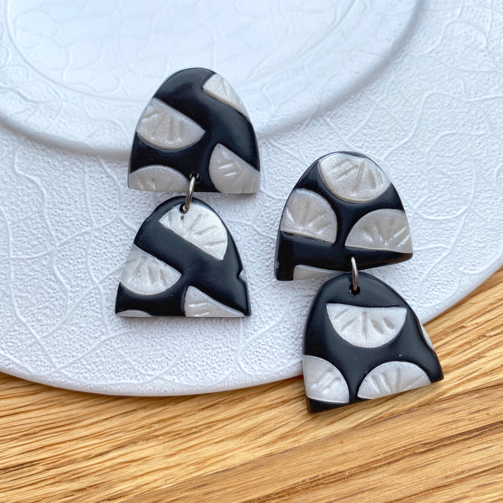 Black with pearl segment pattern statement earrings - double half oval drop