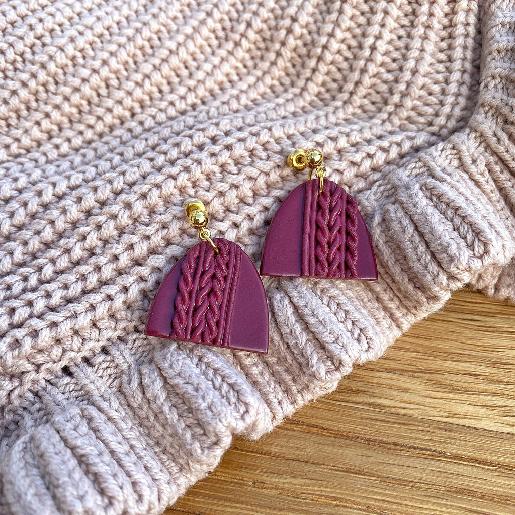 Knitted statement arch drop earring (gold or silver stud) - Burgundy