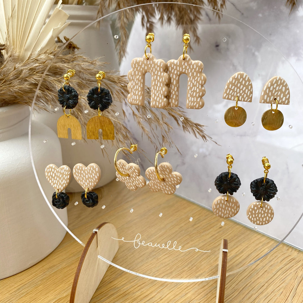 Beige + Black statement earrings - flower stud and gold arch