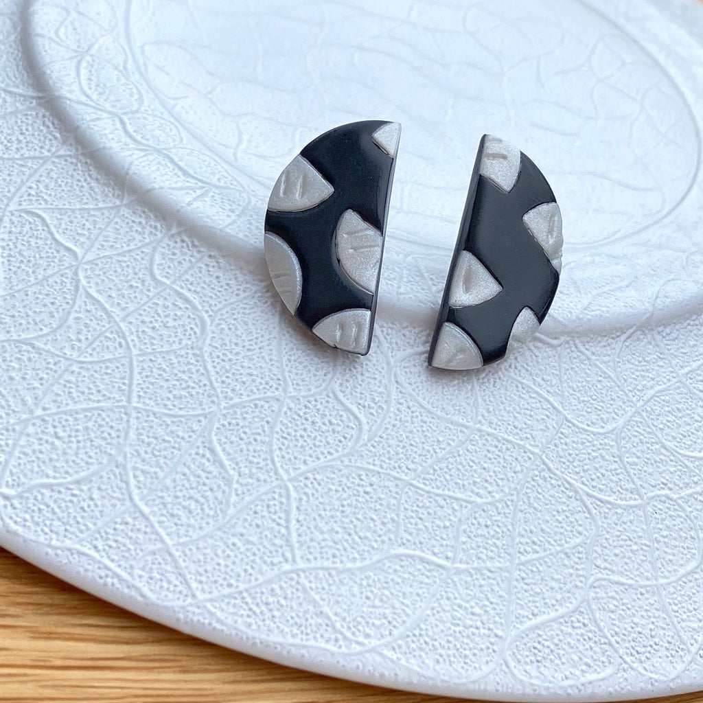Black with pearl segment pattern statement earrings - mini semi circle stud