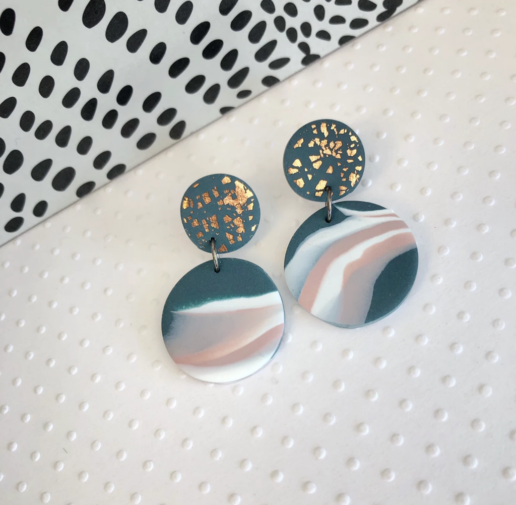 Bottle green marble disc and copper foil statement earrings